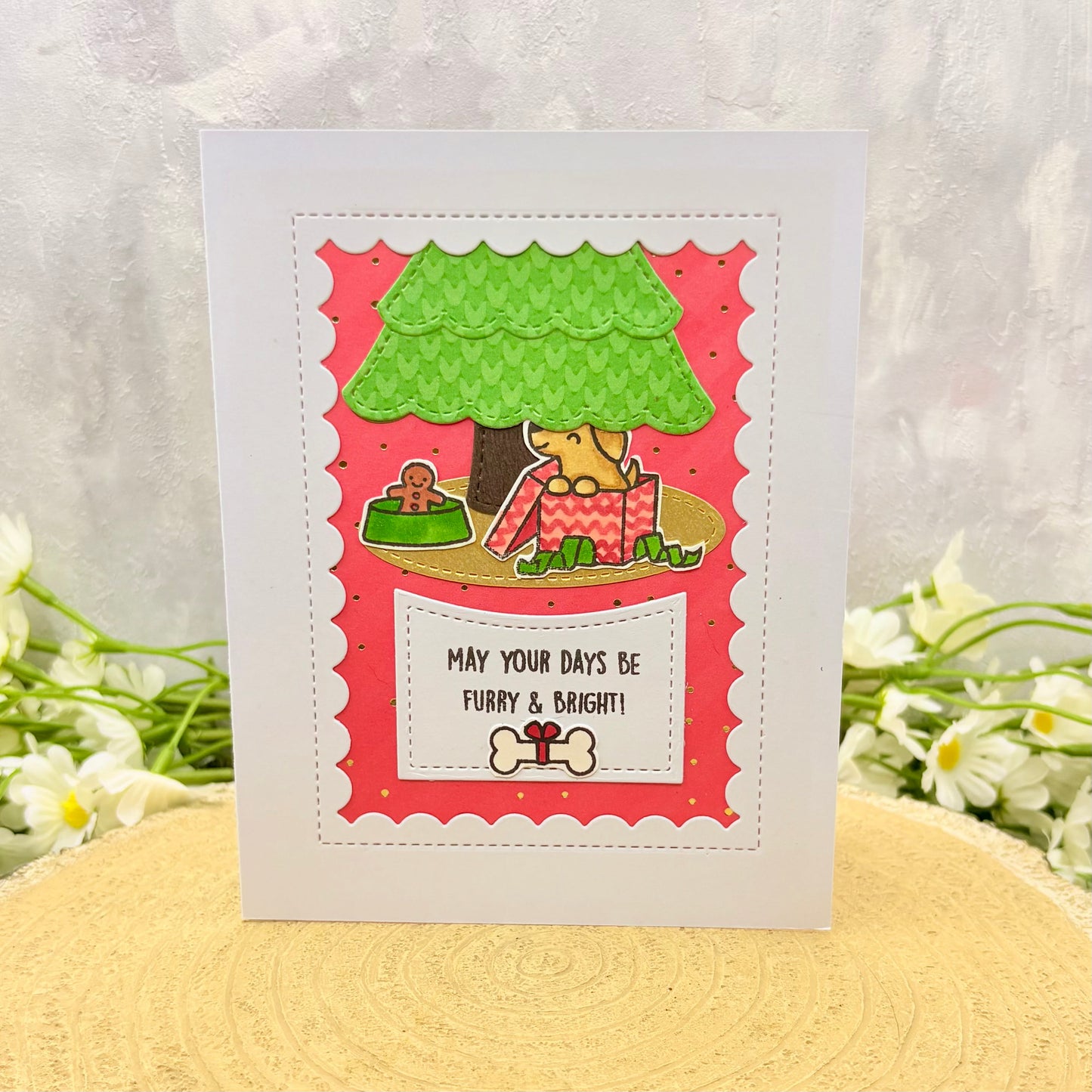 Dog Under Tree Handmade Christmas Card