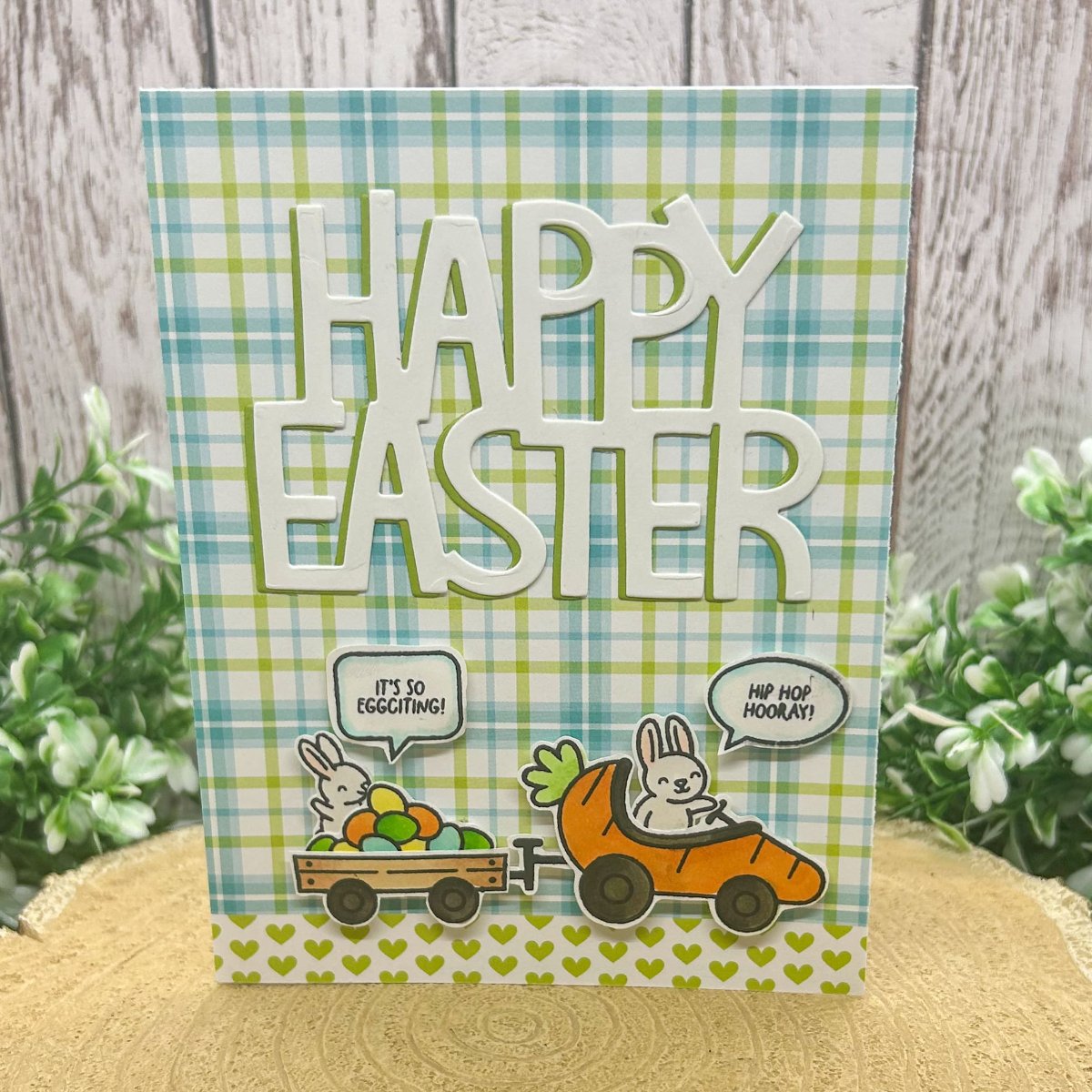 Easter Bunnies & Carrot Car Green Handmade Easter Card