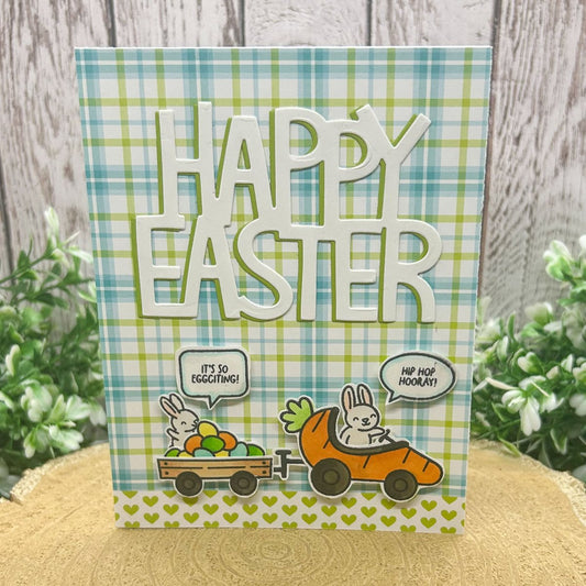 Easter Bunnies & Carrot Car Green Handmade Easter Card