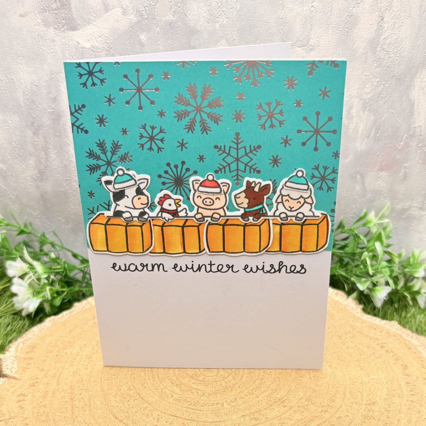 Farmyard Animals Winter Wishes Handmade Christmas Card-1