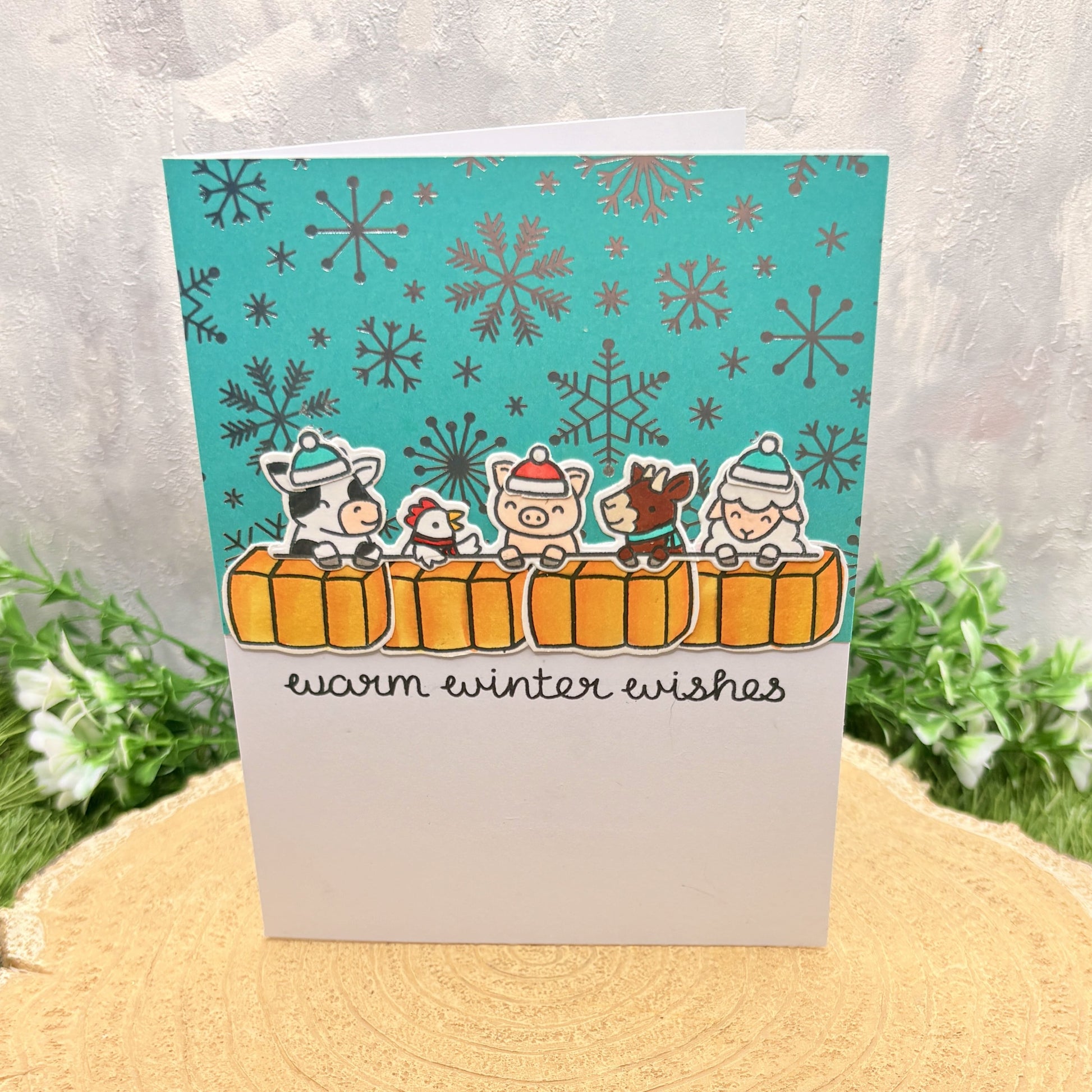 Farmyard Animals Winter Wishes Handmade Christmas Card-1