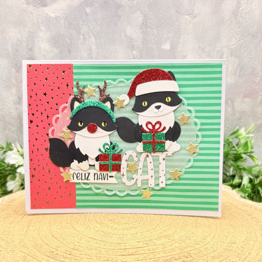 Feliz Navi-Cat Tuxedo Cats Handmade Christmas Card