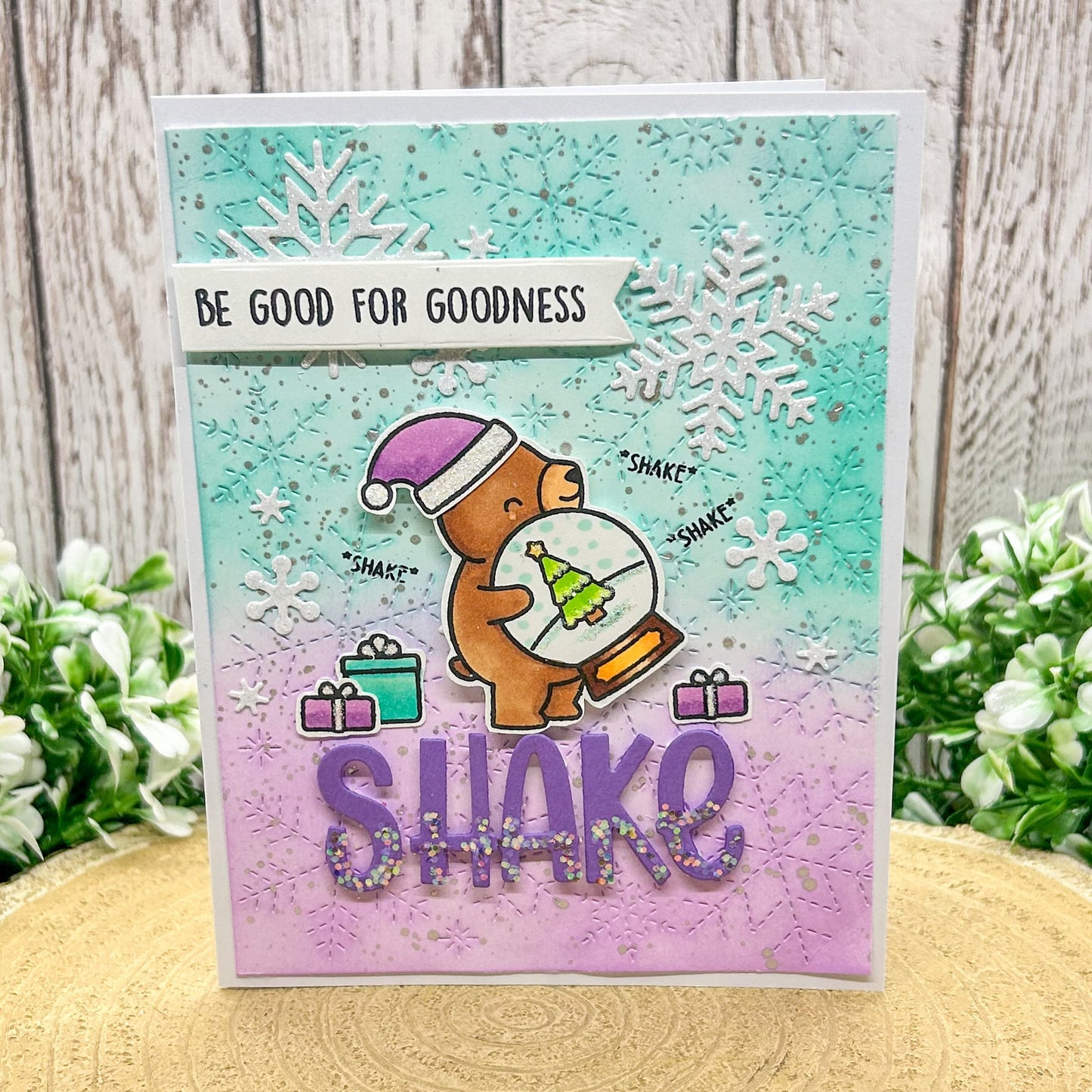 Festive Bear & Snow Globe Handmade Christmas Card