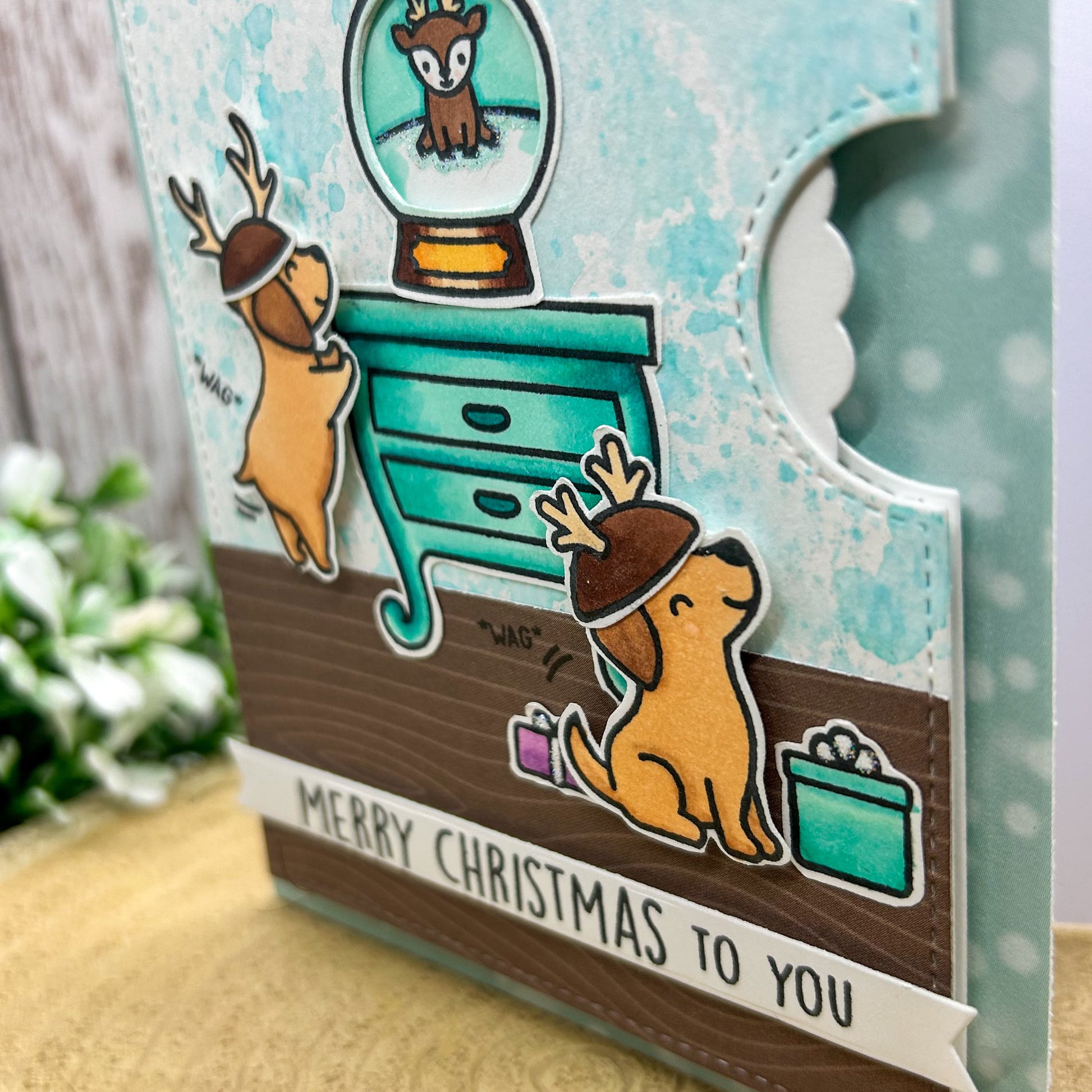 Festive Dogs & Snowglobe Handmade Reveal Wheel Christmas Card-2