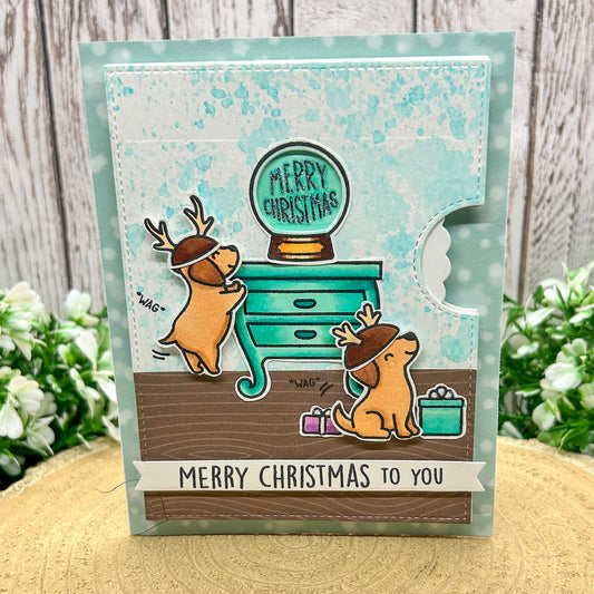 Festive Dogs & Snowglobe Handmade Reveal Wheel Christmas Card