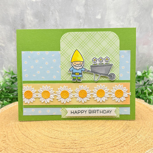 Gardening Gnome & Daisies Handmade Birthday Card