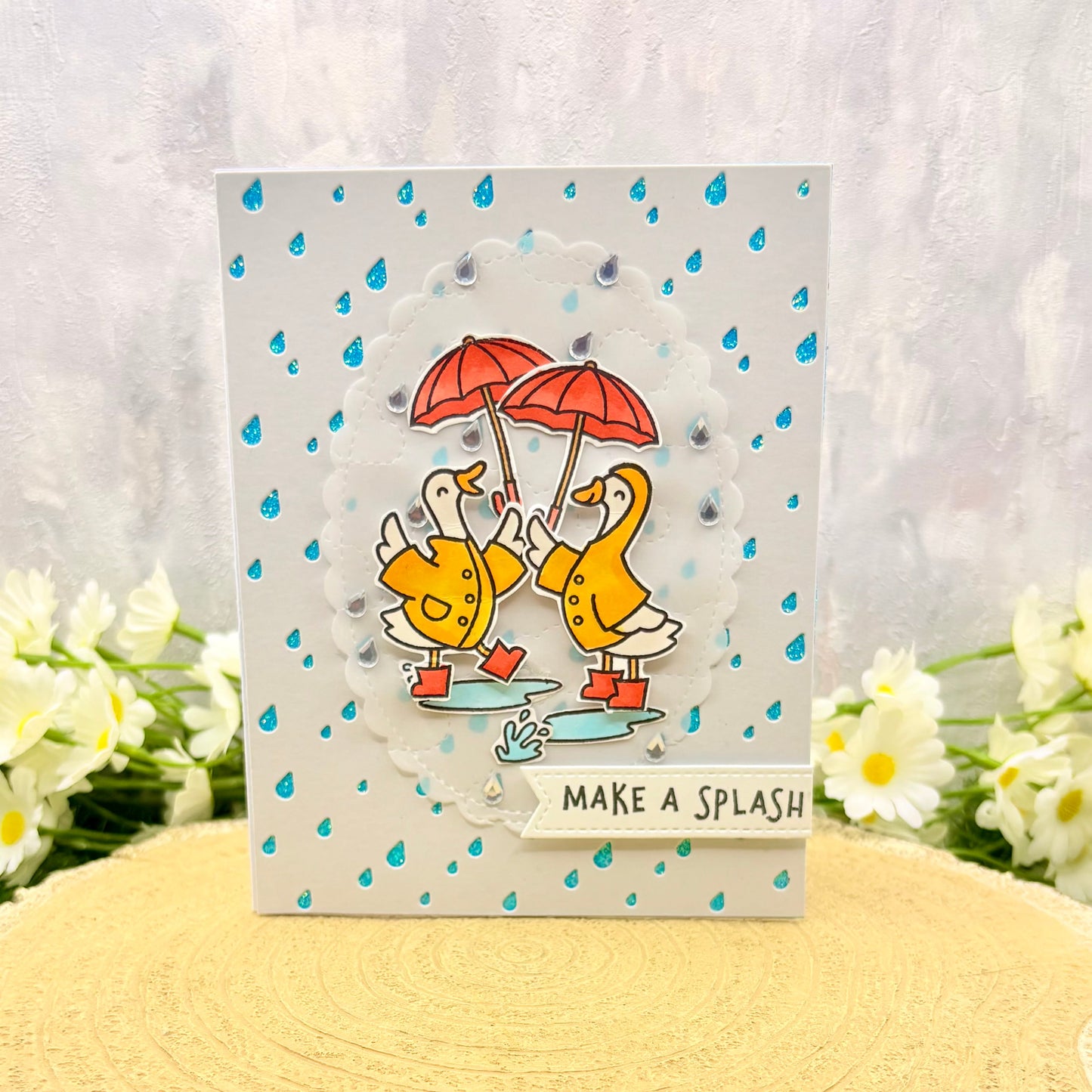 Geese In Raincoats Make A Splash Handmade Card