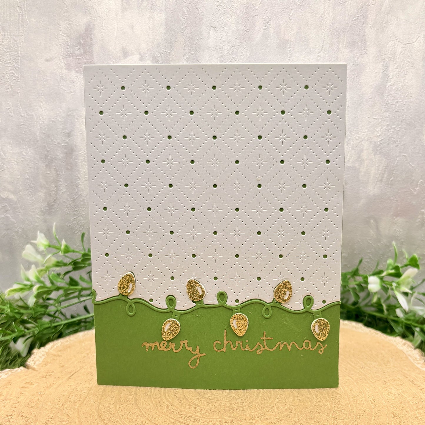 Green & Gold String Lights Handmade Christmas Card