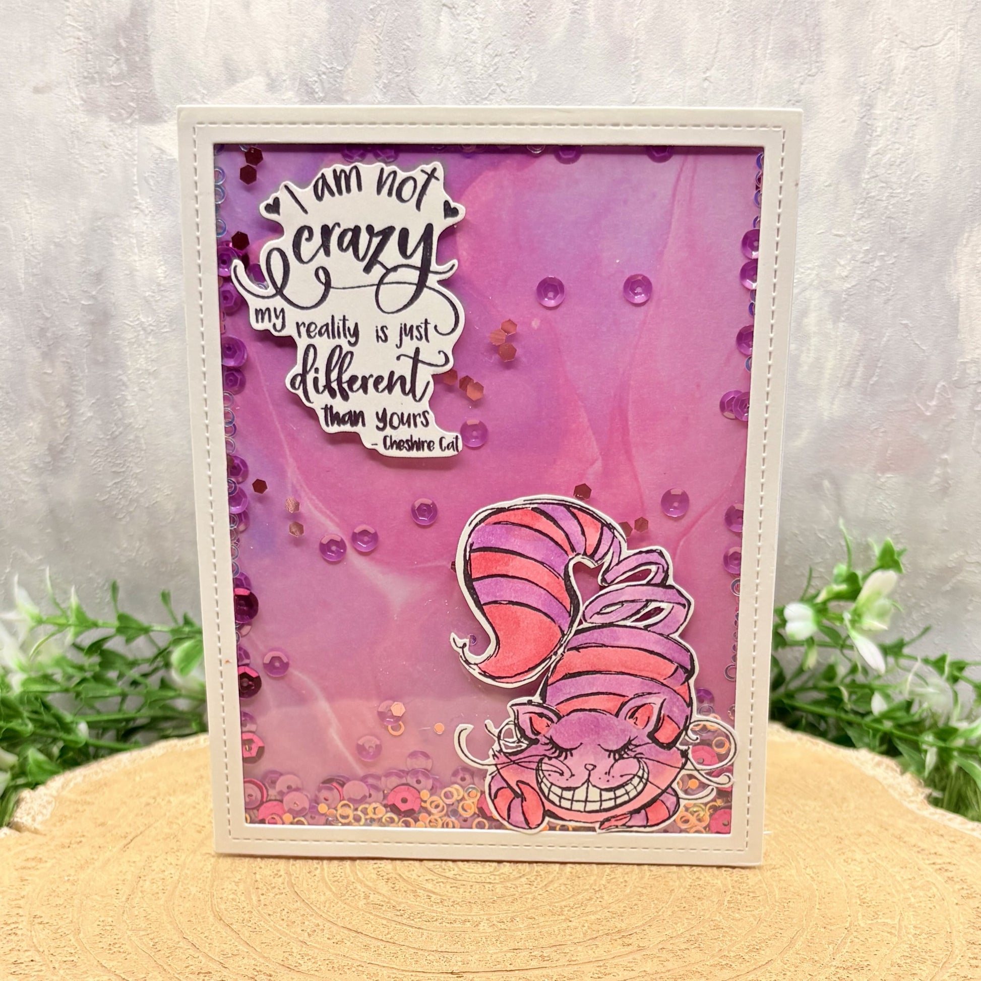 Grinning Alice Cat Character Themed Handmade Card