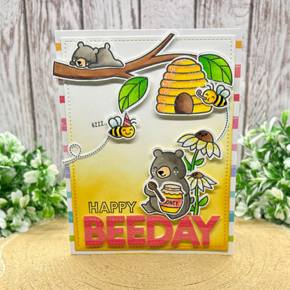 Happy Beeday Honey Bear & Bees Handmade Birthday Card