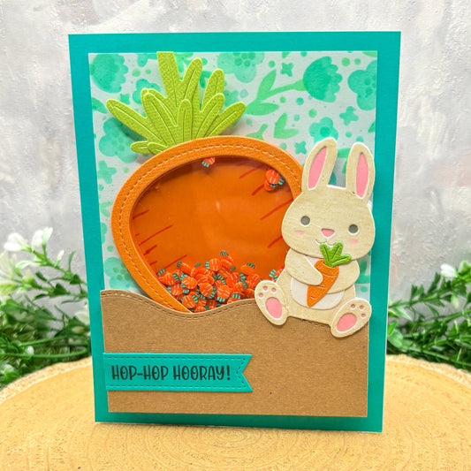 Hop Hop Hooray Bunny & Carrots Handmade Shaker Birthday Card