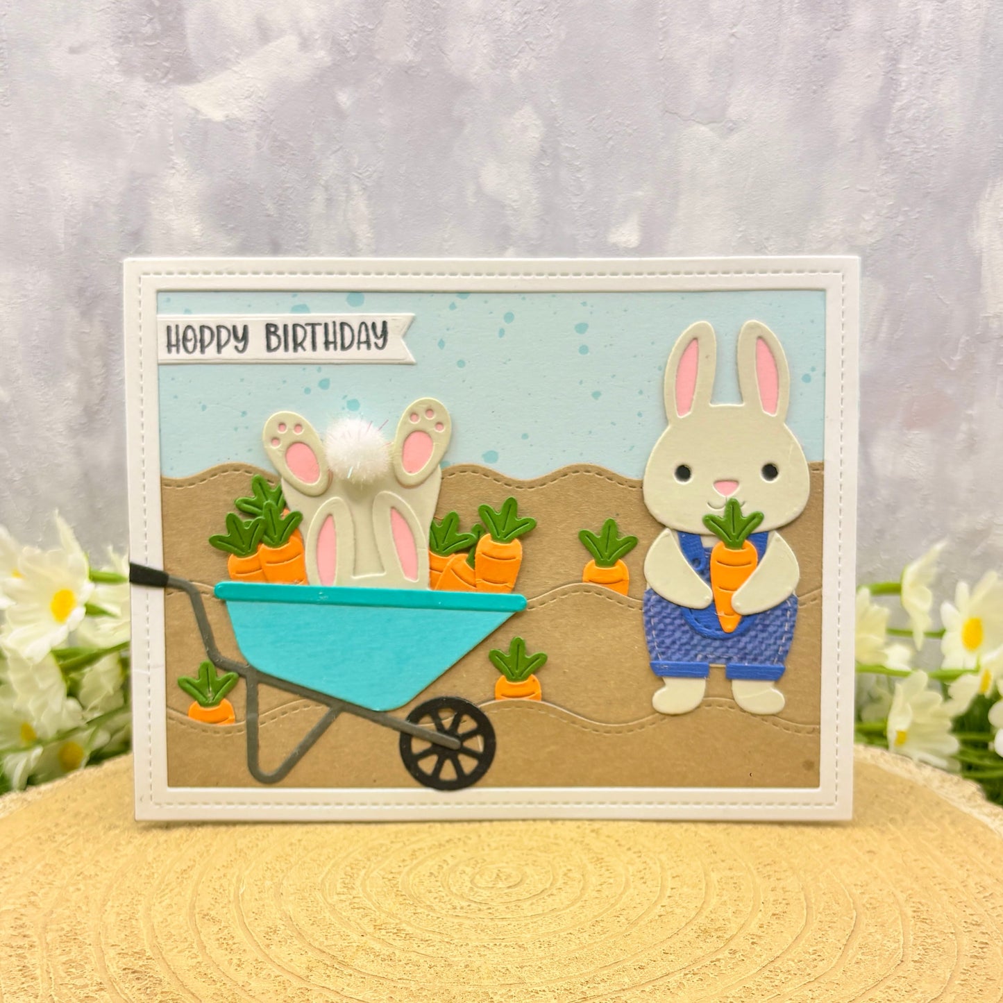 Hoppy Birthday Bunnies & Carrots Handmade Birthday Card