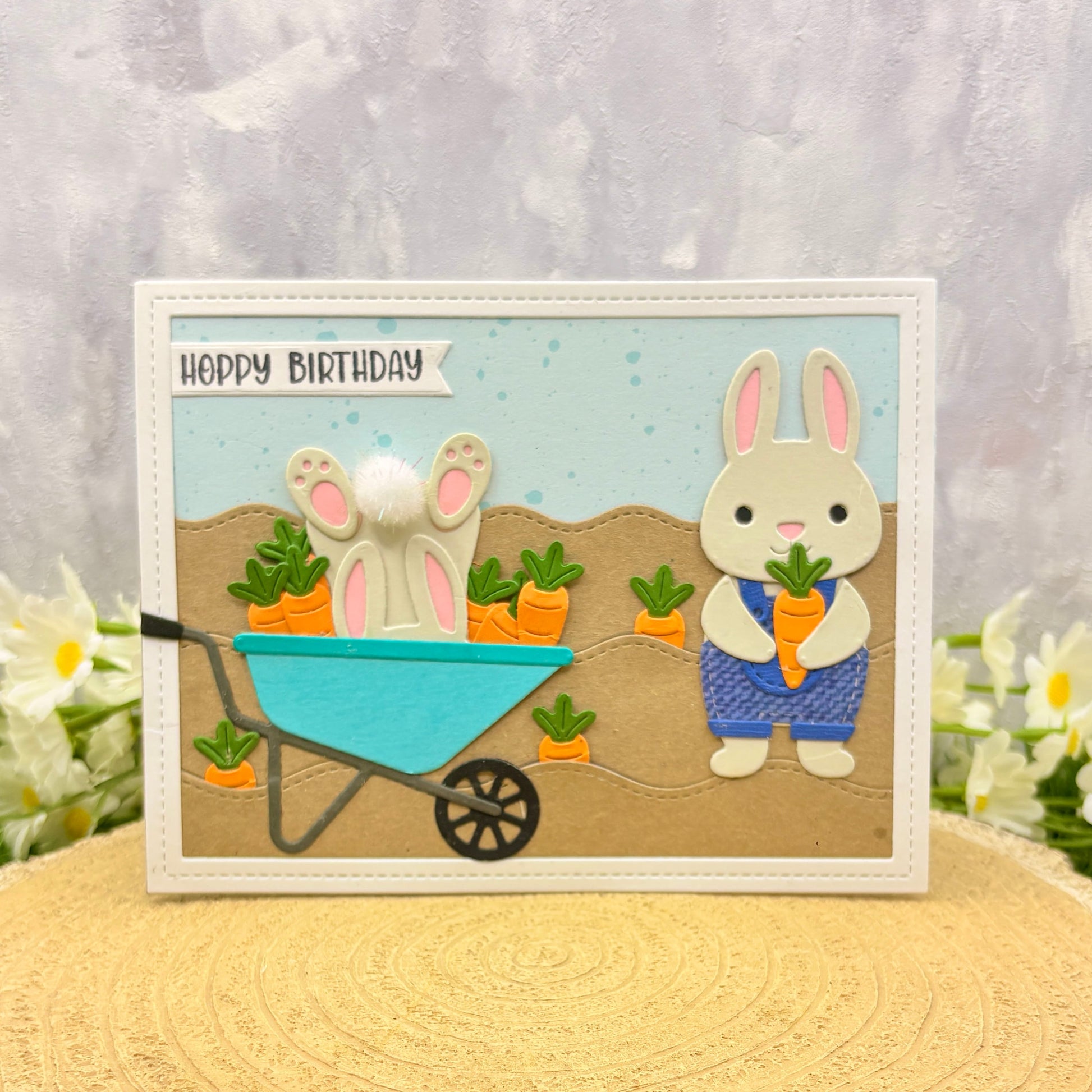 Hoppy Birthday Bunnies & Carrots Handmade Birthday Card