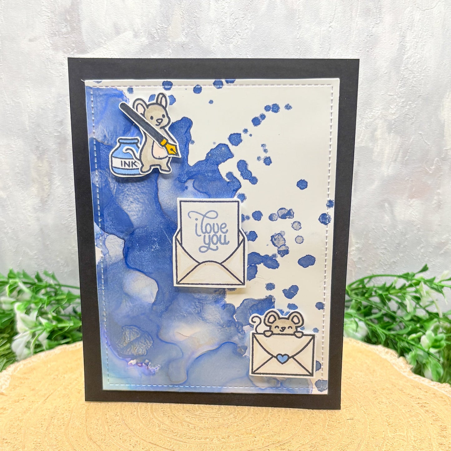 I Love You Blue Watercolour Mice Handmade Card