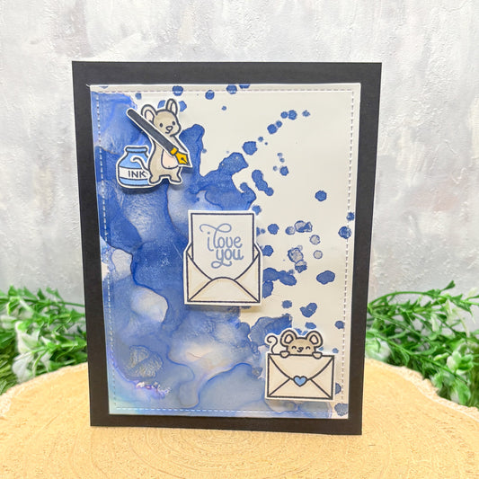 I Love You Blue Watercolour Mice Handmade Card
