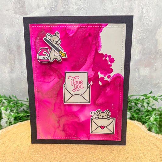 I Love You Pink Watercolour Mice Handmade Card