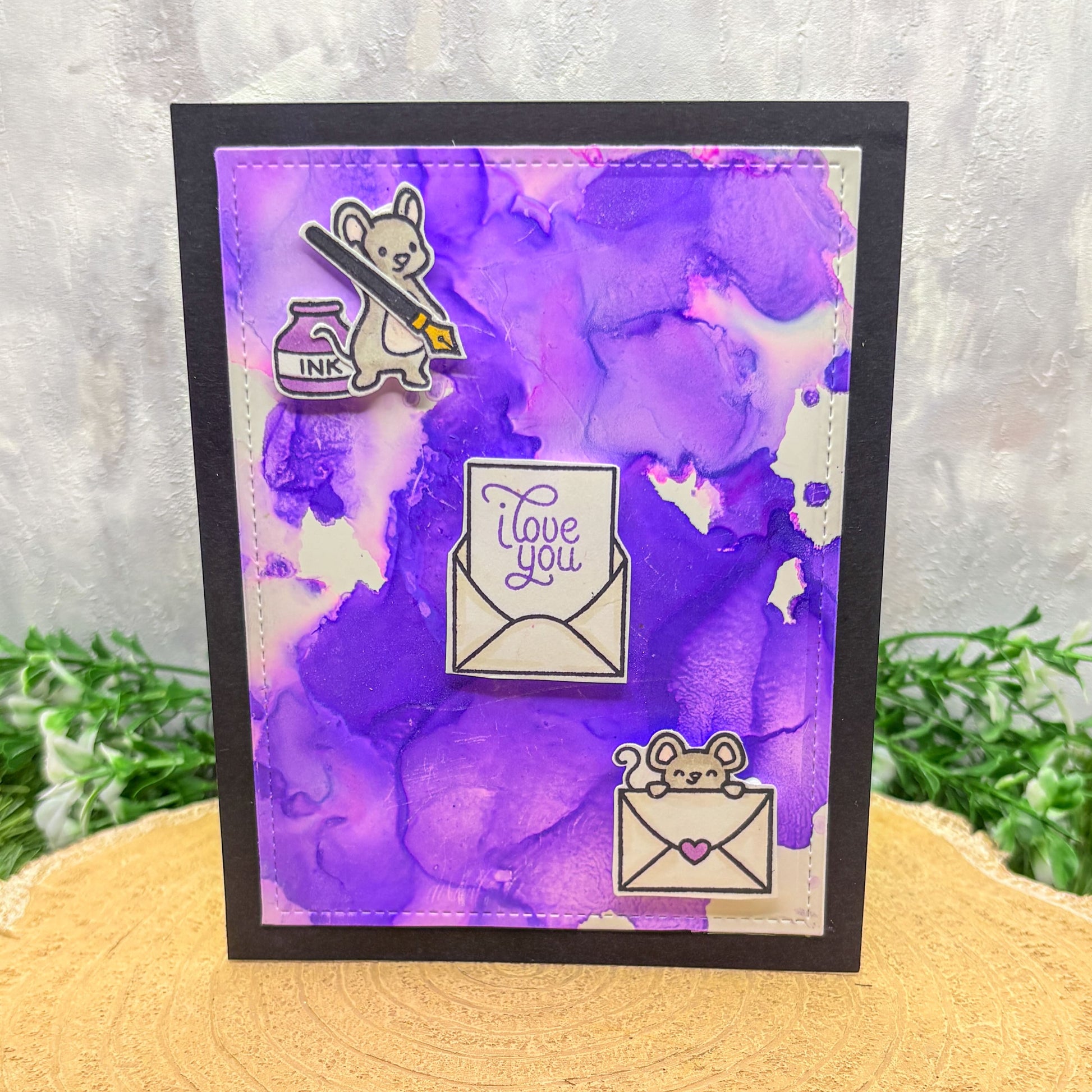 I Love You Purple Watercolour Mice Handmade Card