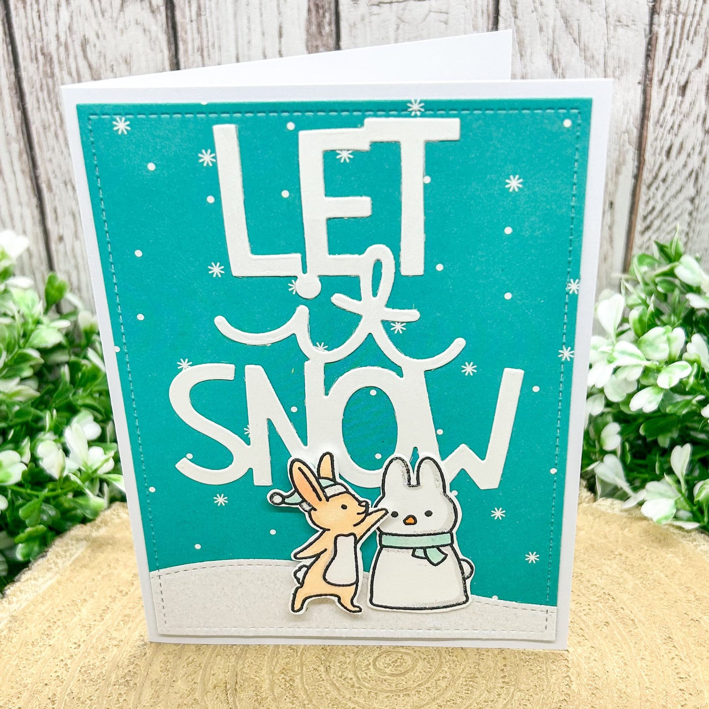 Let It Snow Bunny & Snowman Handmade Christmas Card