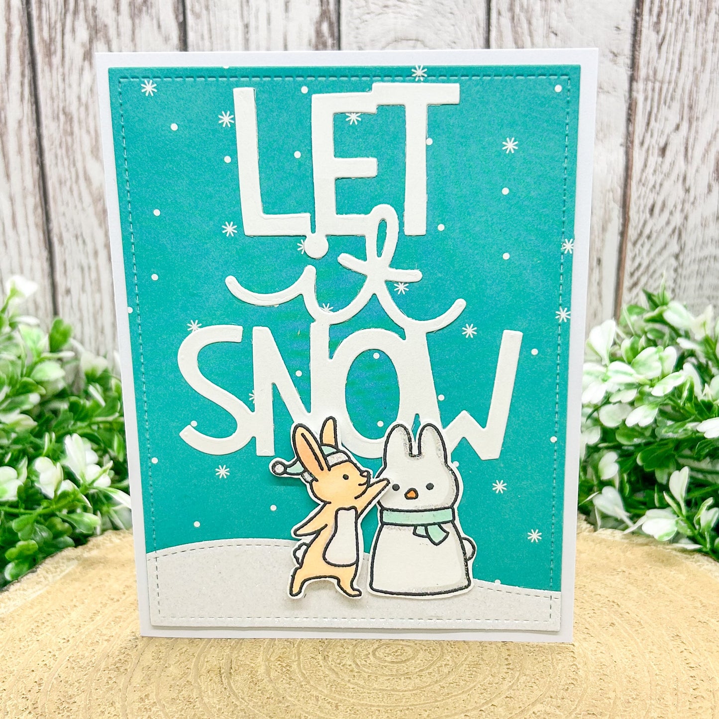 Let It Snow Bunny & Snowman Handmade Christmas Card