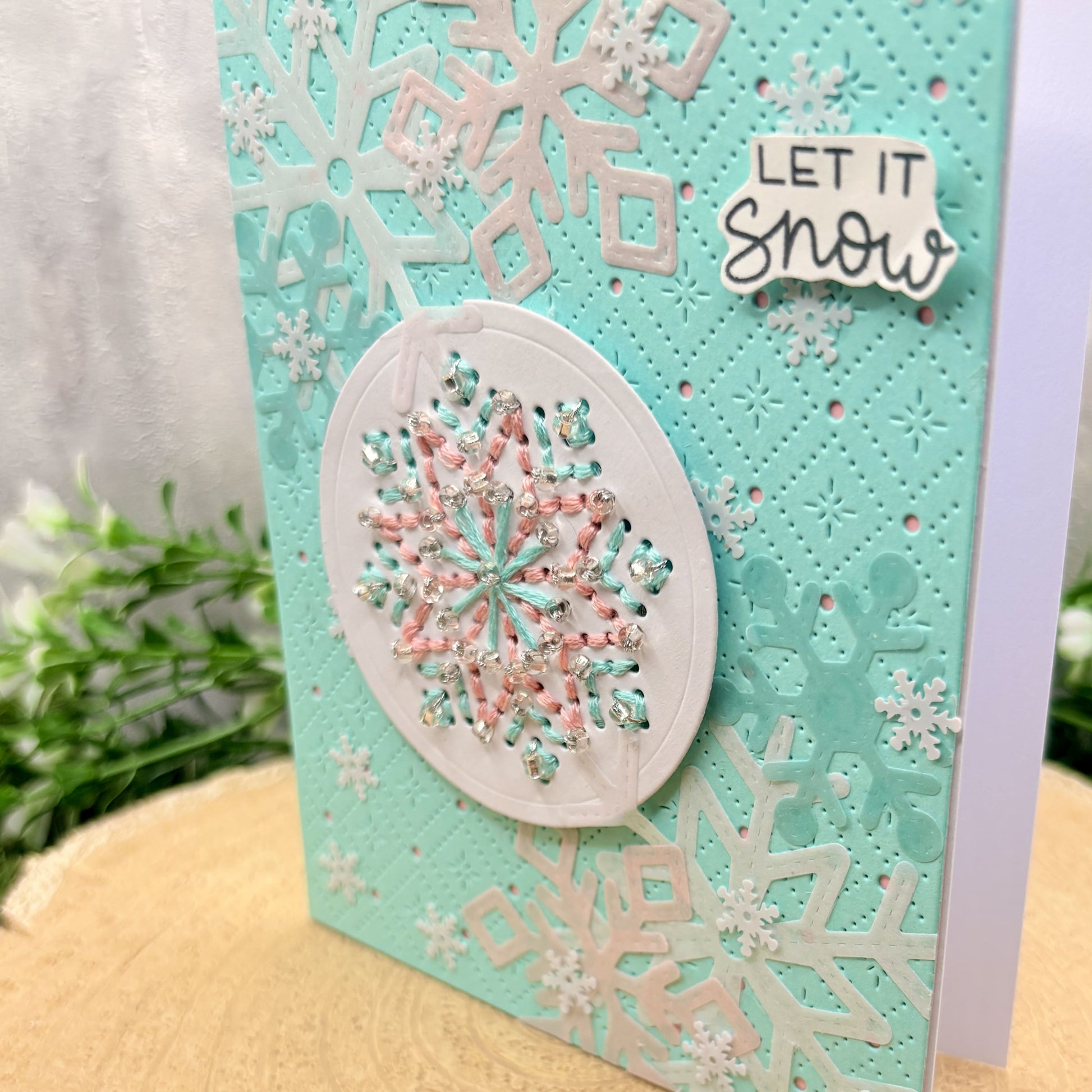 Let It Snow Teal Snowflake Cross Stitched Handmade Christmas Card-2