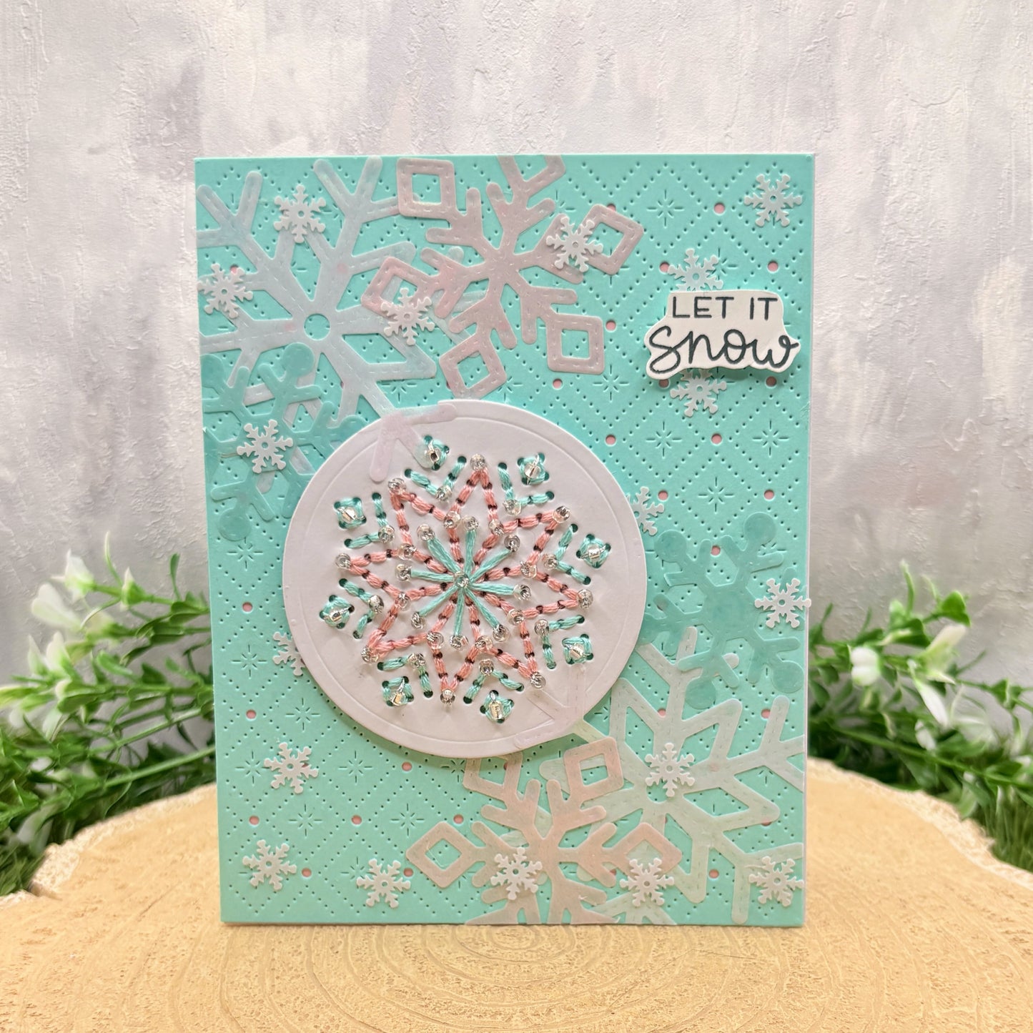 Let It Snow Teal Snowflake Cross Stitched Handmade Christmas Card