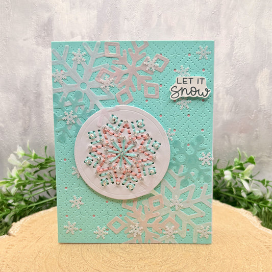Let It Snow Teal Snowflake Cross Stitched Handmade Christmas Card