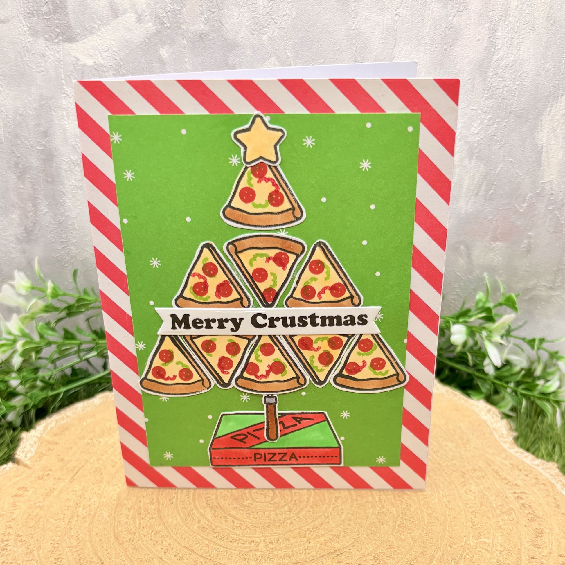 Merry Crustmas Pizza Tree Handmade Christmas Card-1