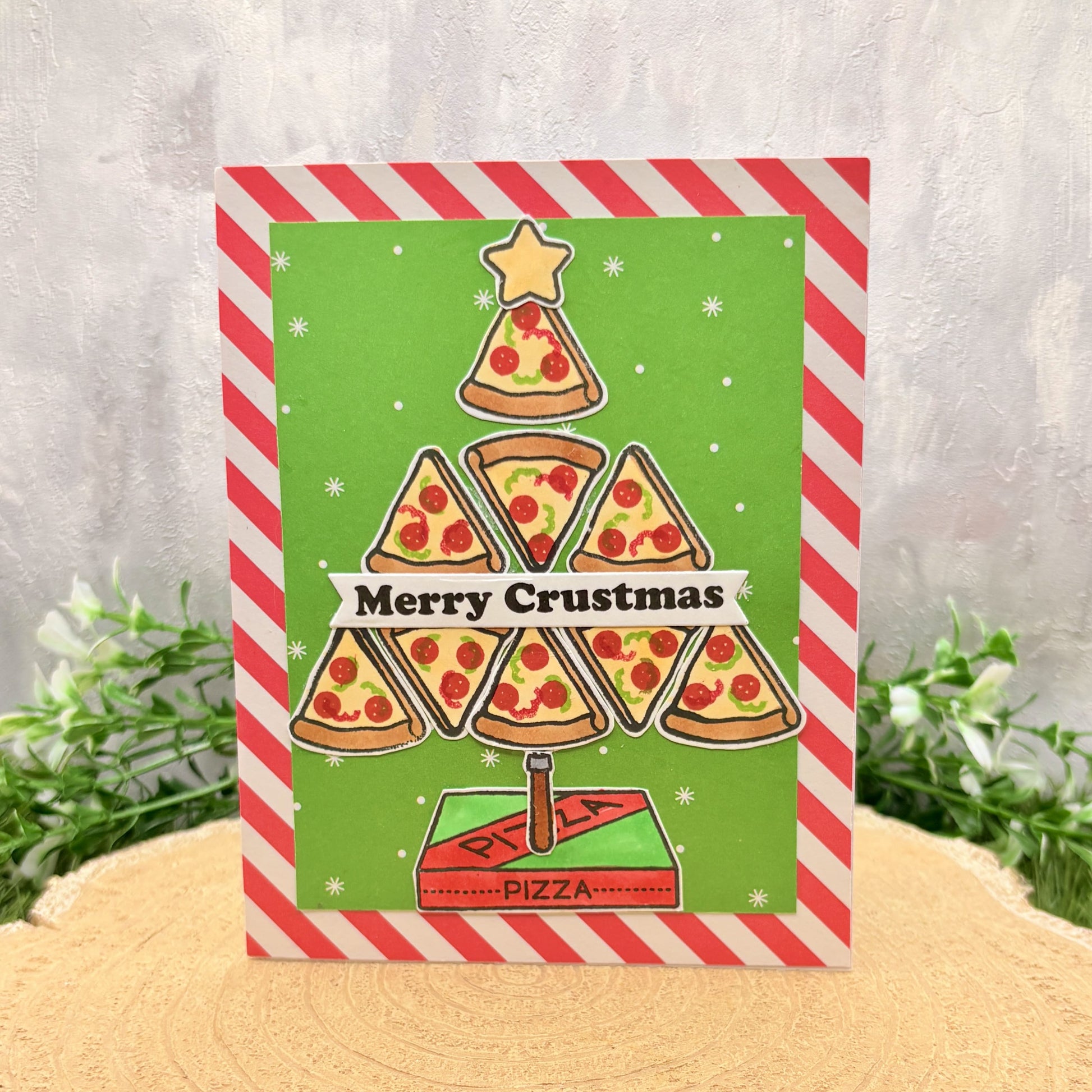 Merry Crustmas Pizza Tree Handmade Christmas Card