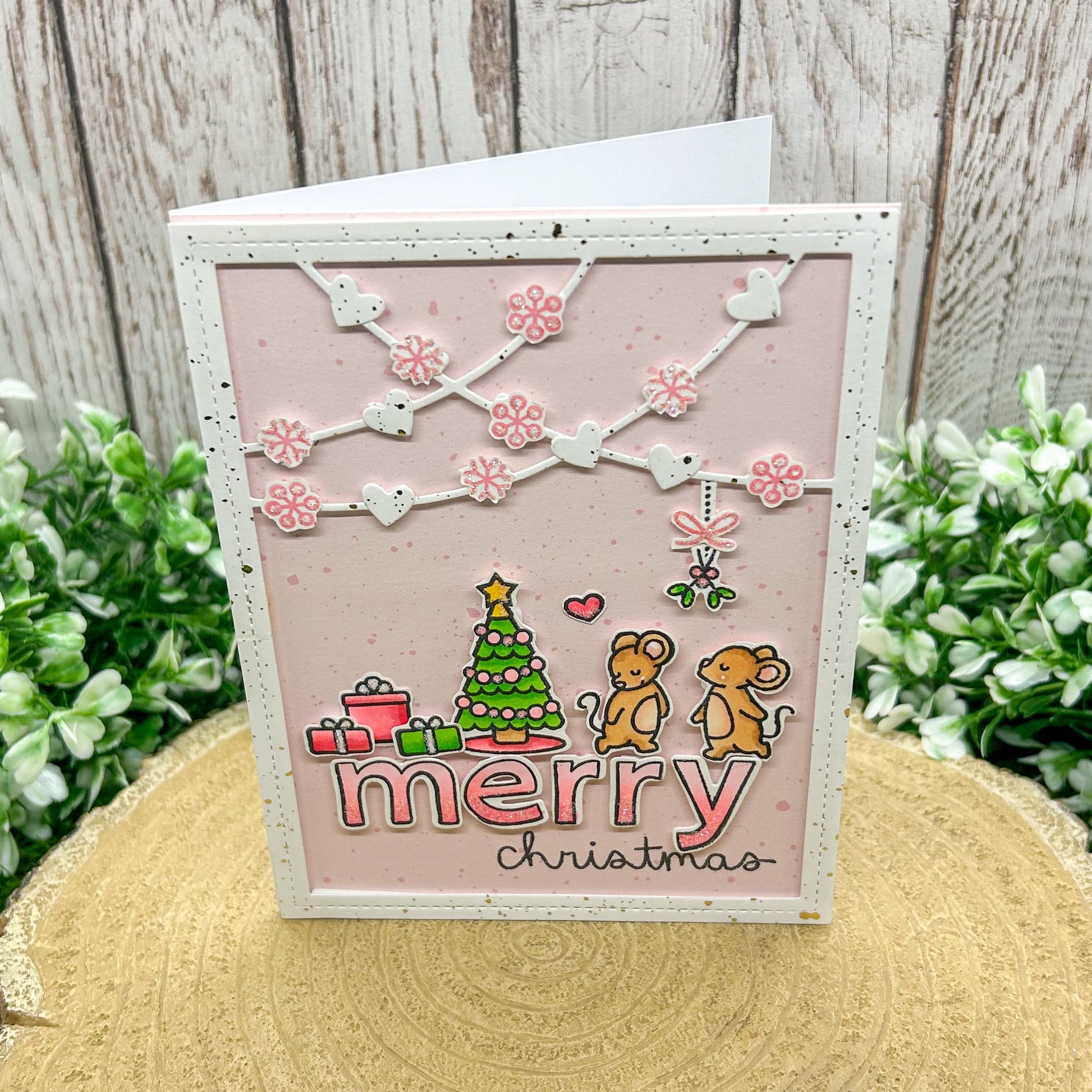 Mice By Christmas Tree Pink Handmade Christmas Card-1