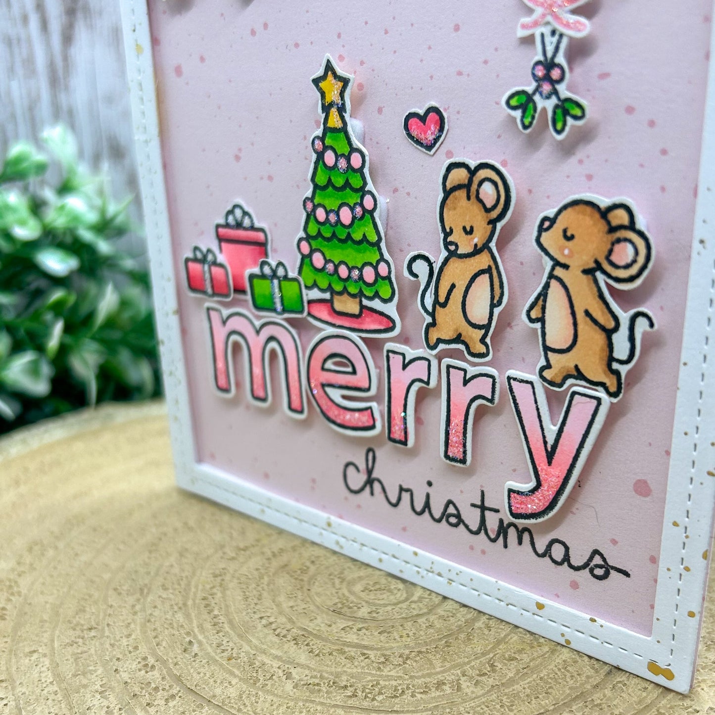 Mice By Christmas Tree Pink Handmade Christmas Card-2