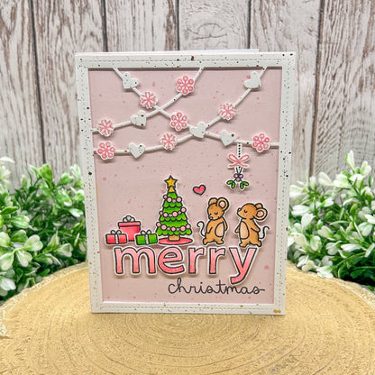 Mice By Christmas Tree Pink Handmade Christmas Card