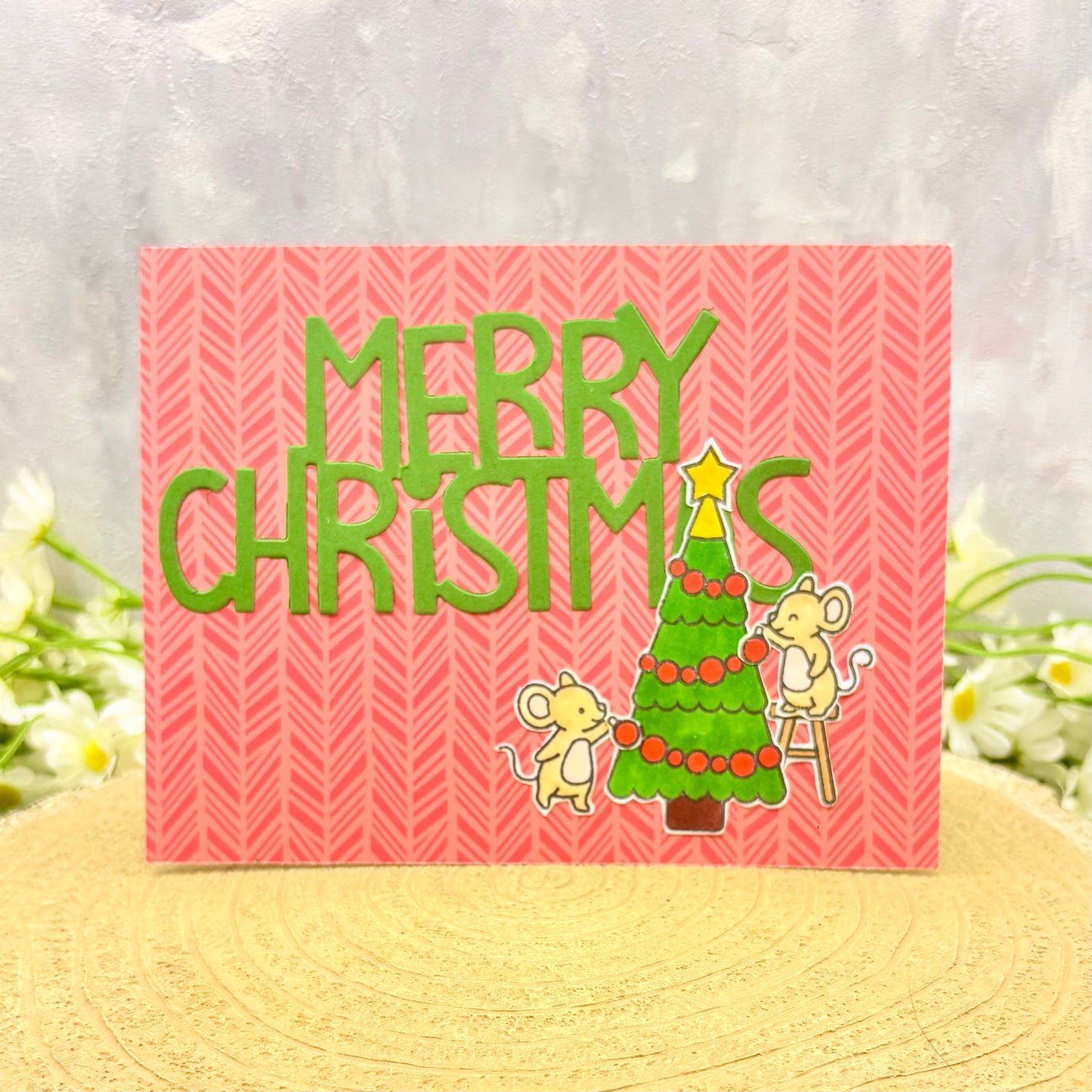 Mice Decorating Tree Handmade Christmas Card