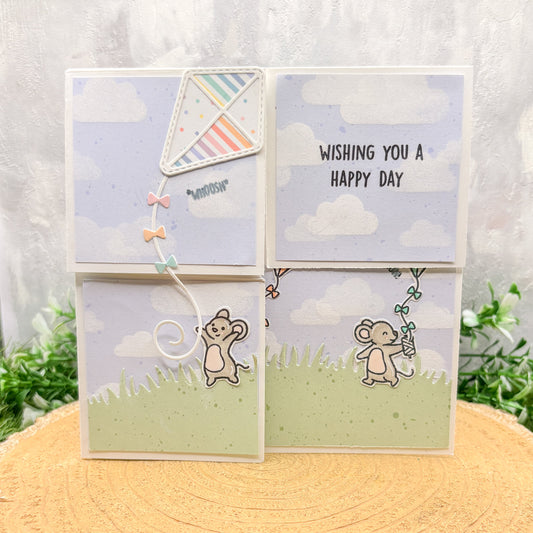 Mice Flying Kites Fold Out Handmade Birthday Card