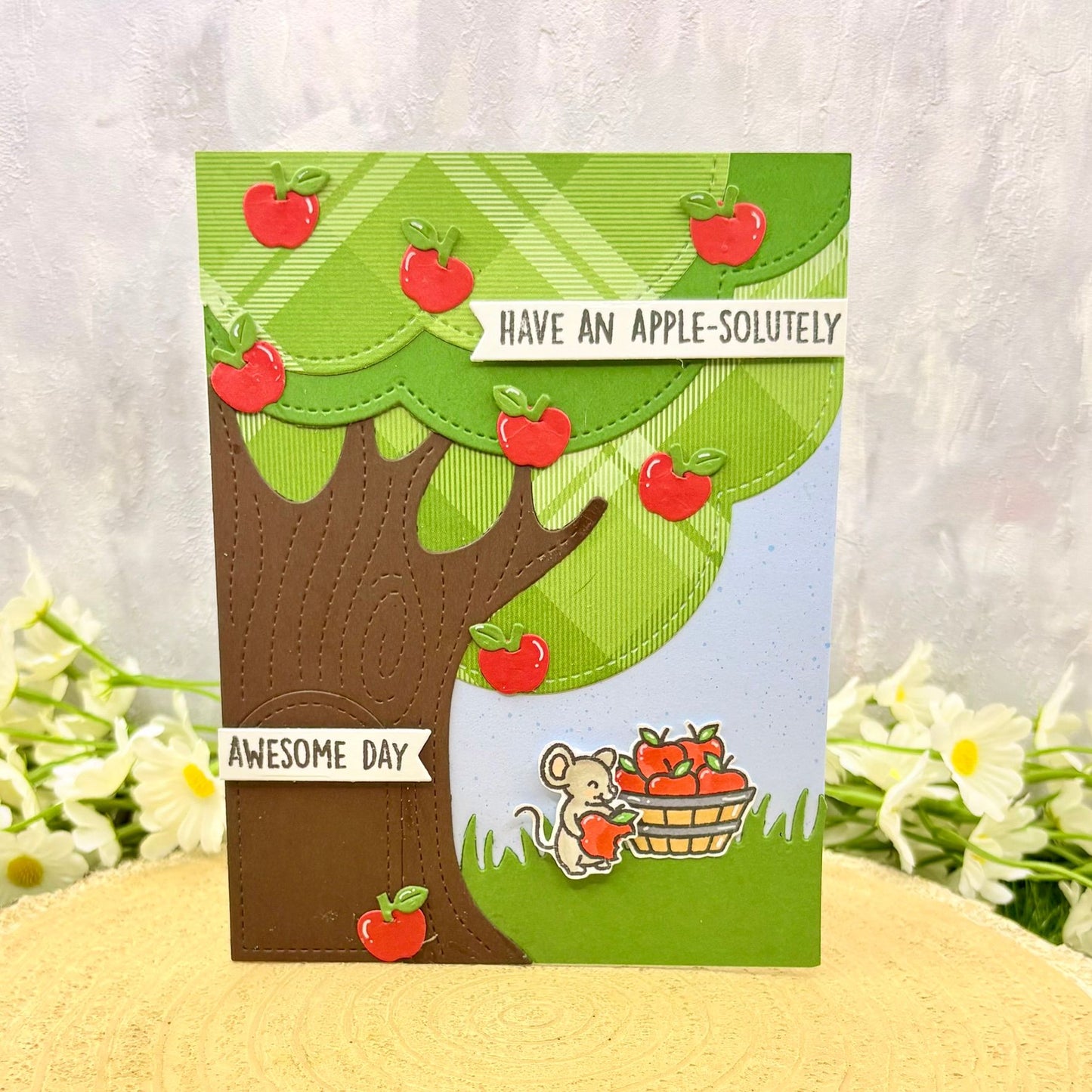 Mouse Picking Apples Handmade Birthday Card