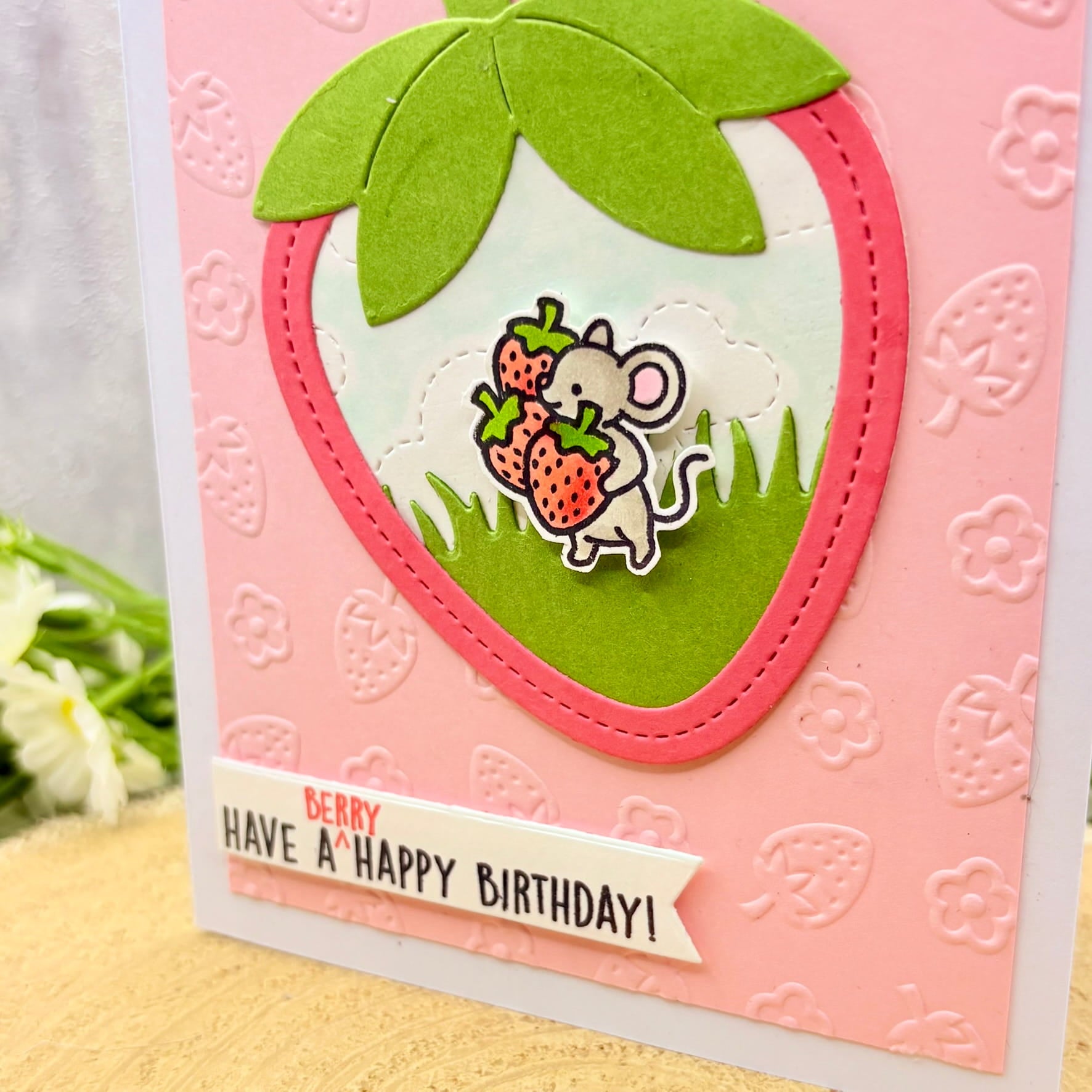 Mouse & Strawberries Handmade Birthday Card-2