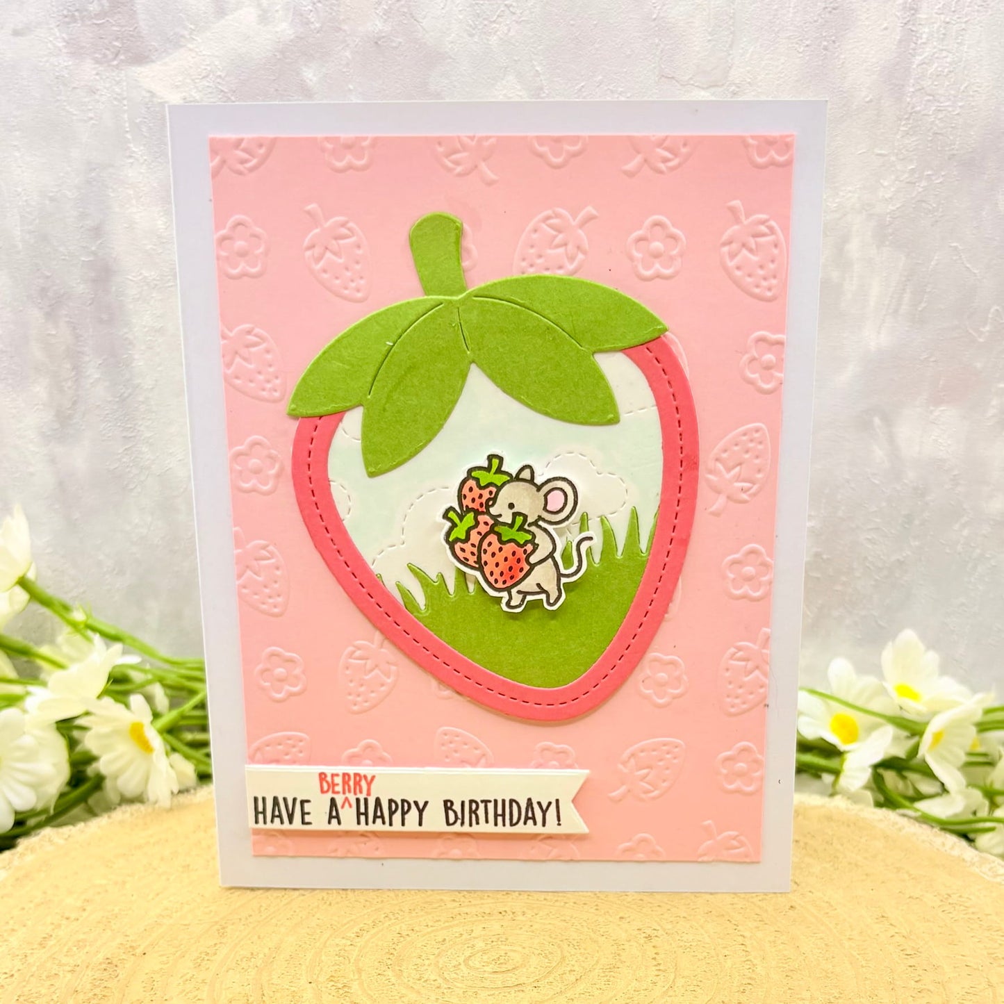 Mouse & Strawberries Handmade Birthday Card