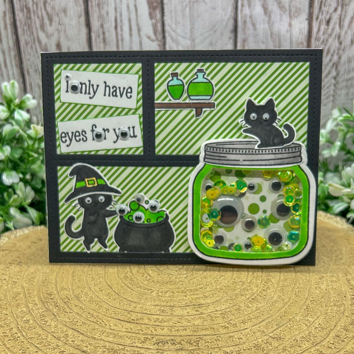 Only Have Eyes For You Witch Cat Handmade Shaker Card