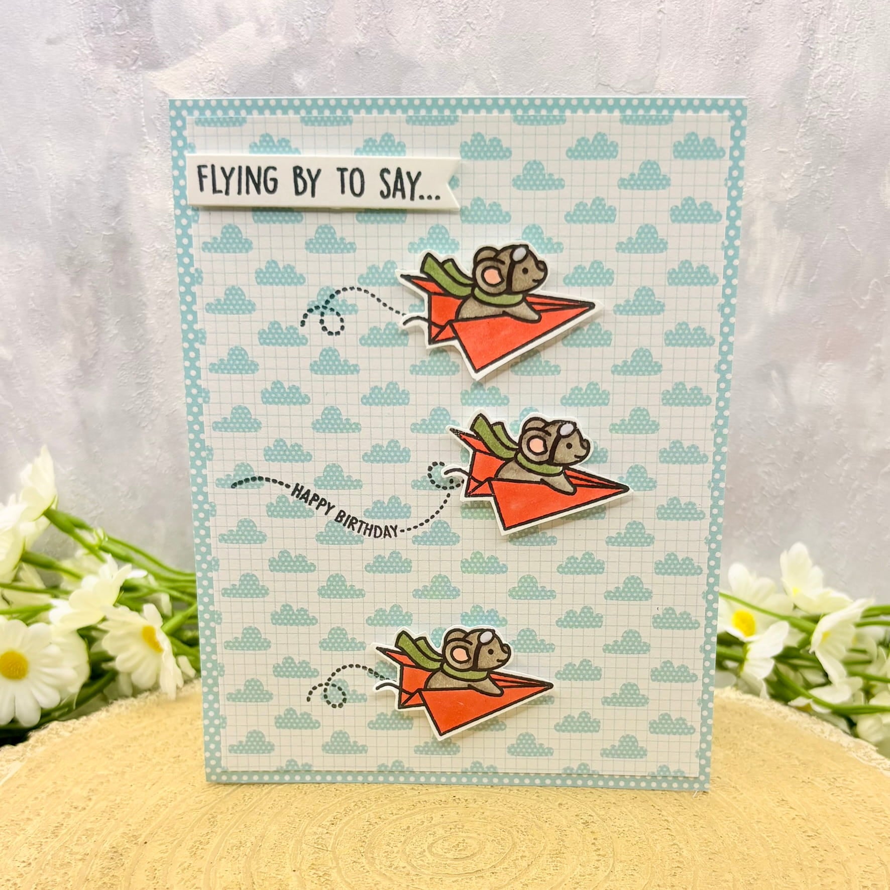Paper Plane Mice Flying By To Say Handmade Card