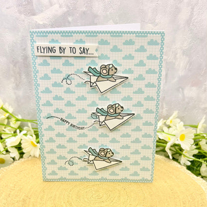 Paper Plane Mice Flying By To Say Handmade Card