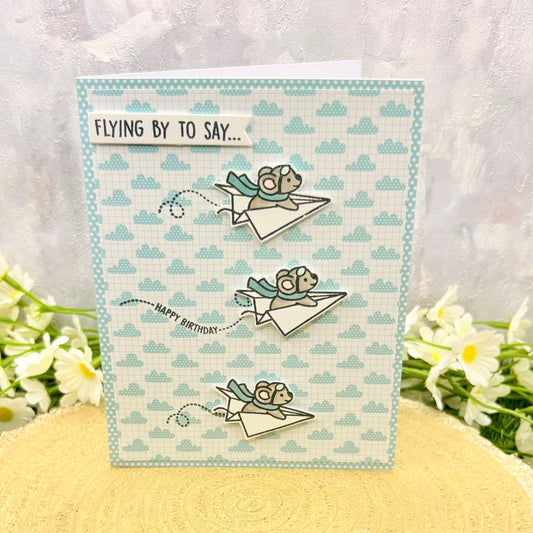 Paper Plane Mice Flying By To Say Handmade Card