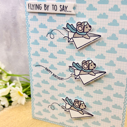 Paper Plane Mice Flying By To Say Handmade Card