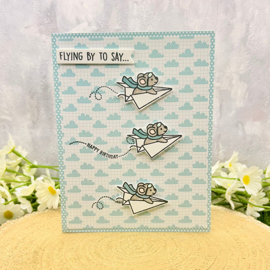 Paper Plane Mice Flying By To Say Handmade Card