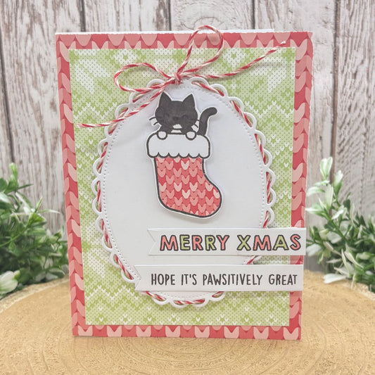 Pawsitively Great Cat In Stocking Handmade Christmas Card