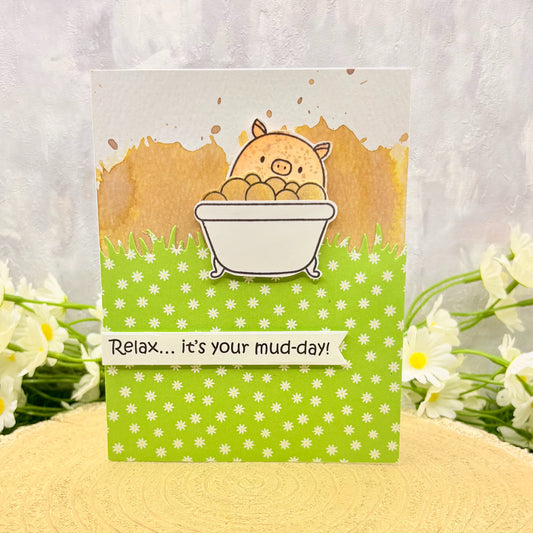 Pig In Mud Bath Handmade Birthday Card