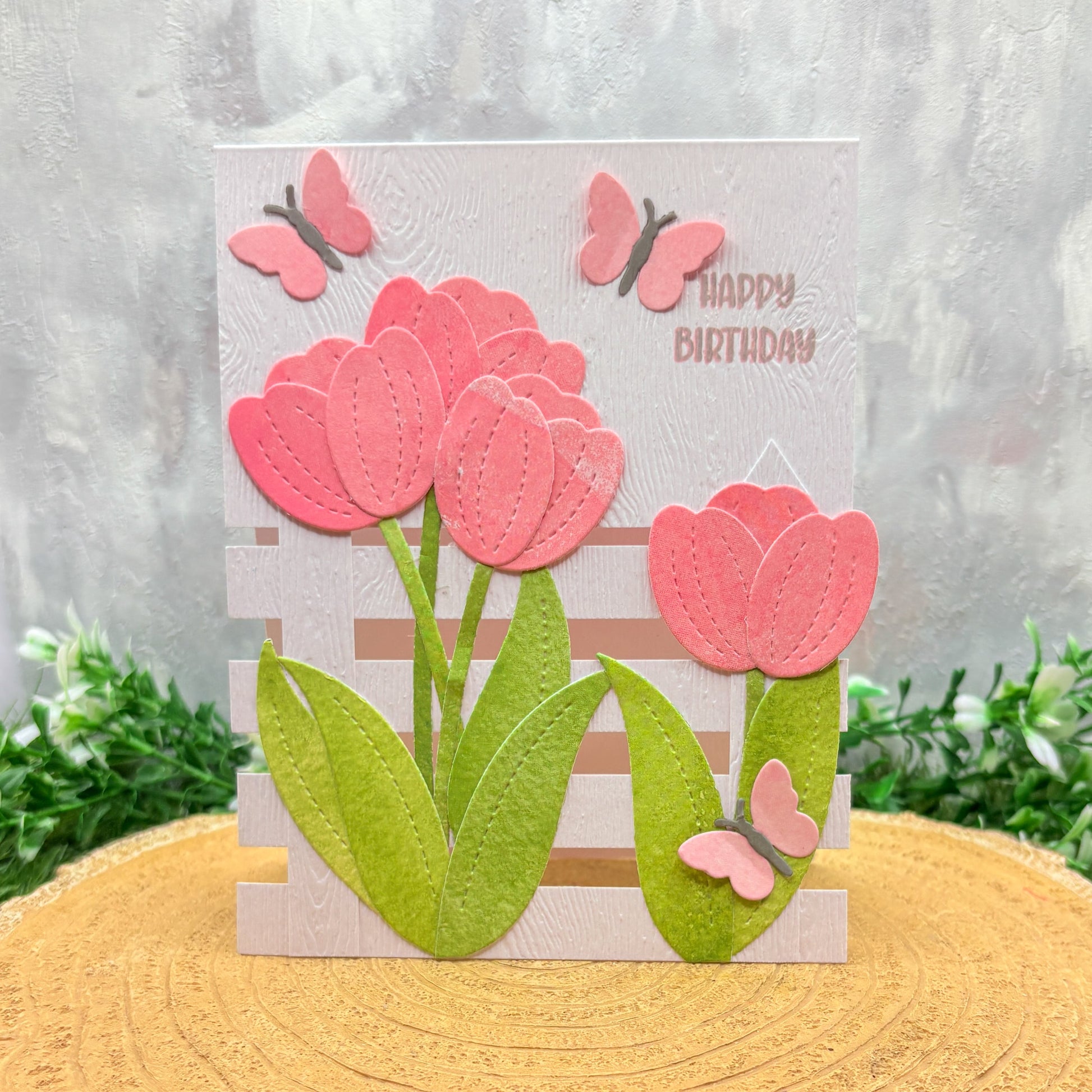 Pink Butterflies & Flowers Handmade Birthday Card