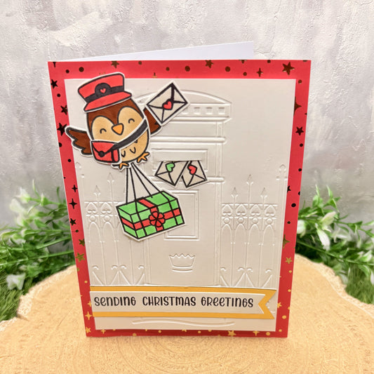 Postman Owl Sending Greetings Handmade Christmas Card-1