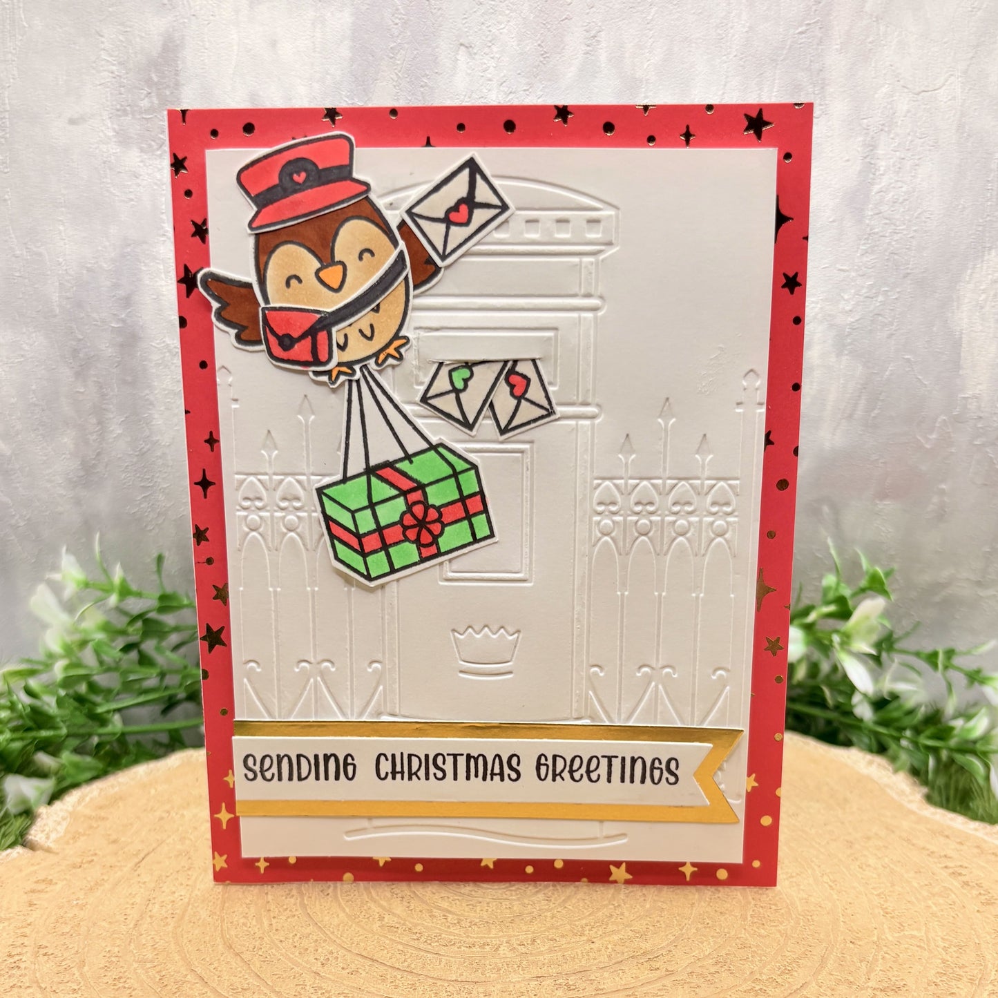 Postman Owl Sending Greetings Handmade Christmas Card