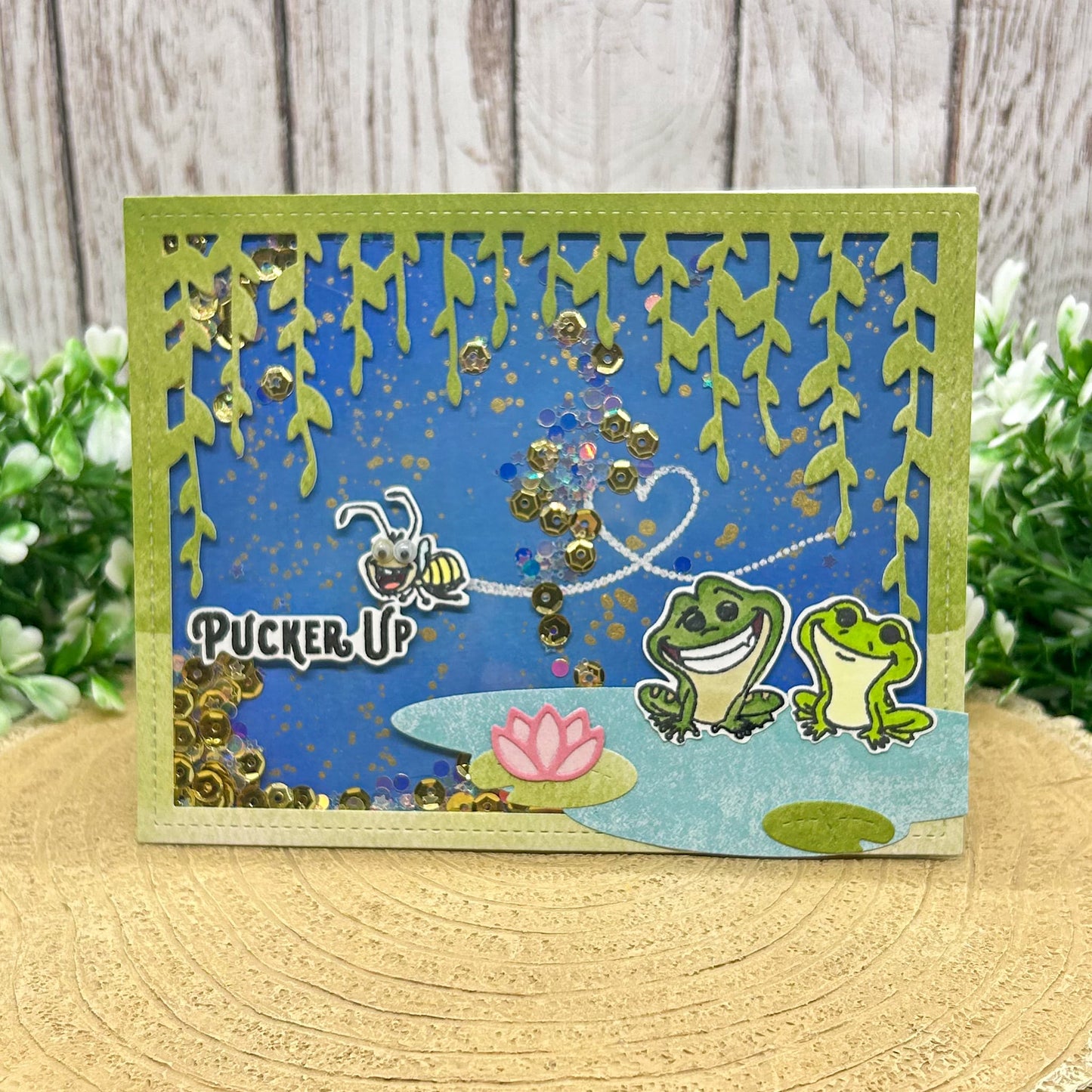Pucker Up Princess & Frog Character Handmade Shaker Card