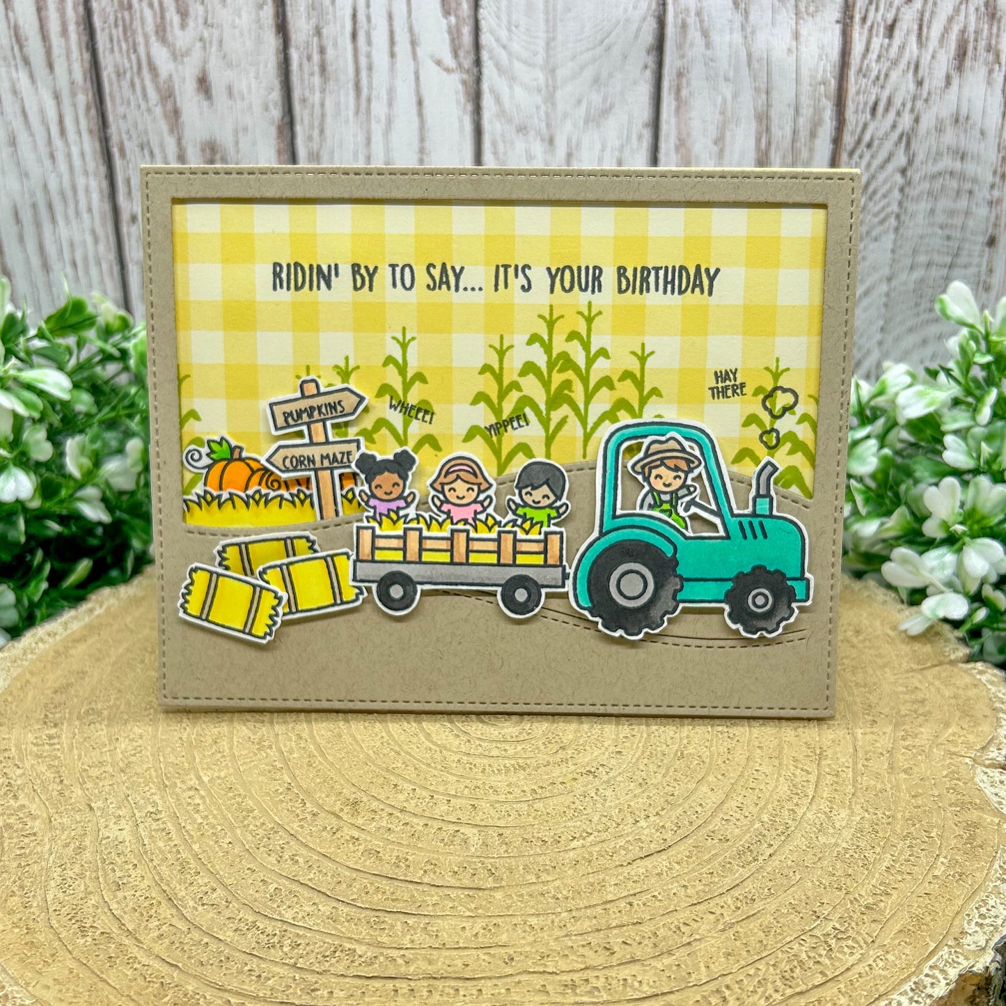 Pumpkin Farmer In Tractor Handmade Birthday Card