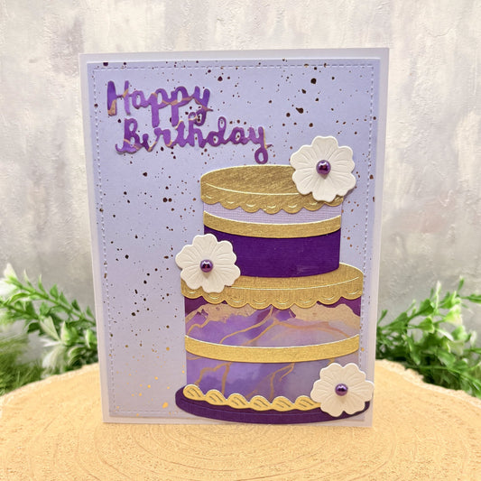 Puprle & Gold Cake Handmade Birthday Card